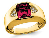 Men's 3.75 Carat (ctw) Lab Created Emerald-Cut Ruby Ring in 14K Yellow Gold with Diamonds